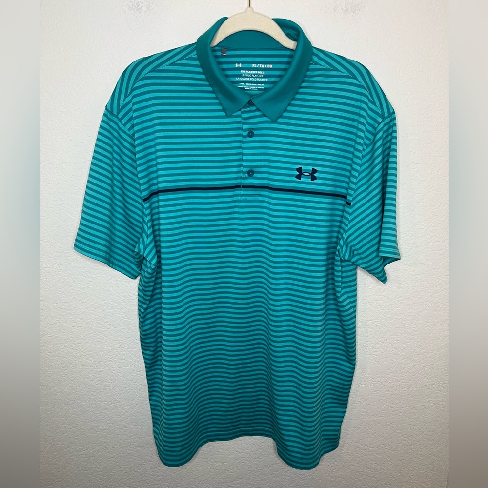 Under Armour The Play Off Polo Blue and Teal Striped Shirt size XL